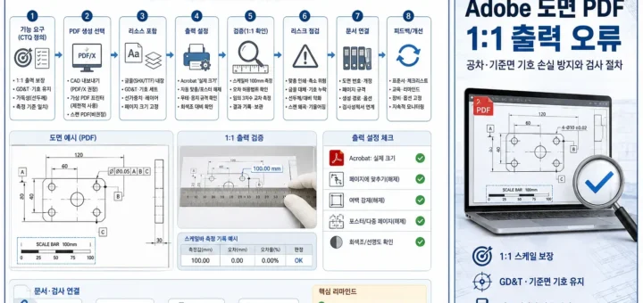 도면 PDF 1:1 보존과 검사 절차 흐름도 및 1:1 출력 오류 예방 안내 인포그래픽