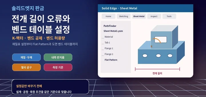 솔리드엣지 판금의 전개 길이 오류와 벤드 테이블 설정 안내 이미지