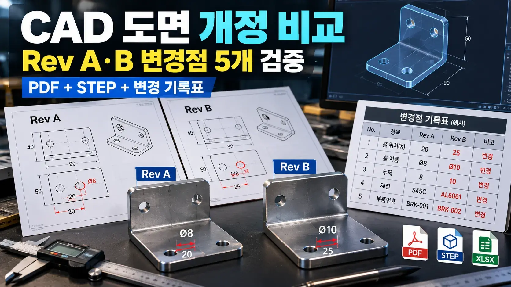 CAD 도면 개정 비교 실습｜Rev A·B PDF·STEP 변경점 5개 찾기