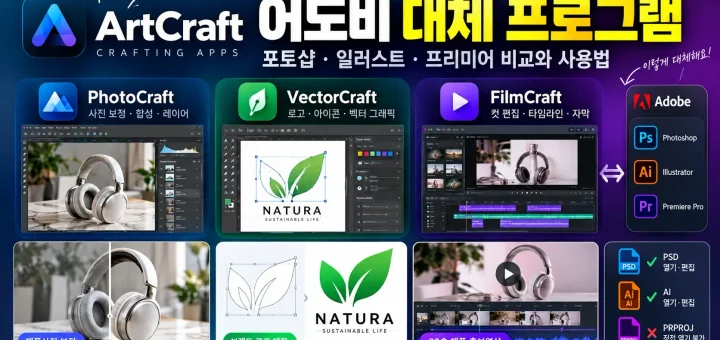 무료 어도비 대체 프로그램 ArtCraft와 포토샵·일러스트레이터·프리미어 비교, PhotoCraft·VectorCraft·FilmCraft 기능 소개